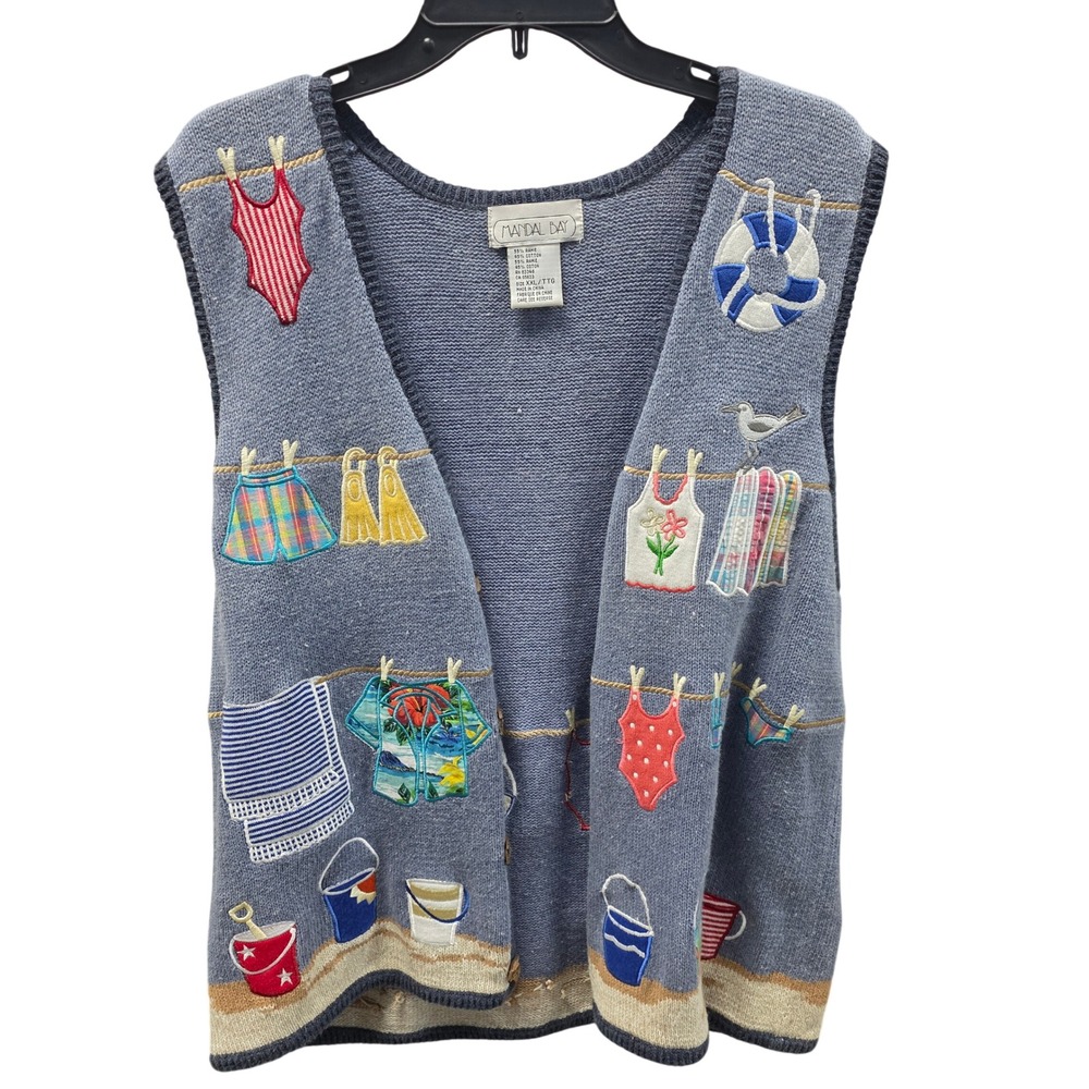 Mandal Bay Vintage Beach Theme Embroidered Sweater Vest Blue XXL Women Novelty